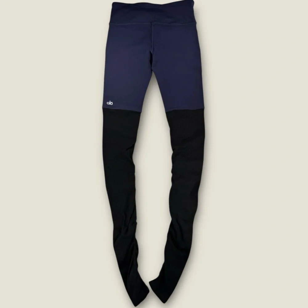 Alo Yoga High Waist Goddess Legging S Navy Blue Black Ribbed‎ Leg Warmer